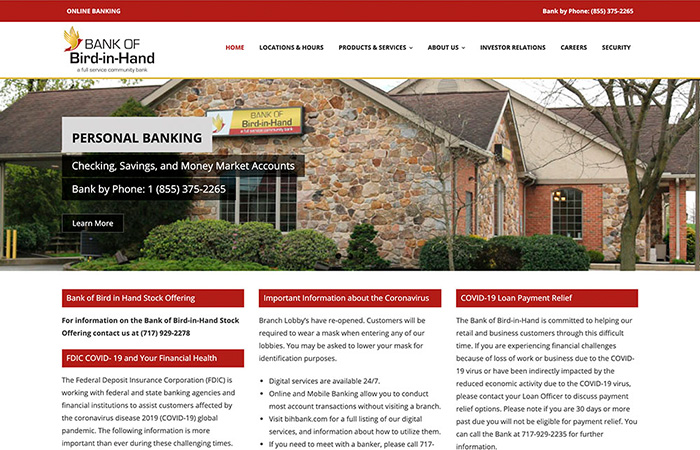 Screen shot of the Bank of Bird-In-Hand website