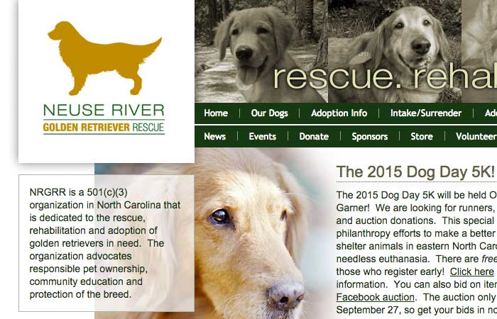 Screen shot of the Neuse River Golden Retriever Rescue website