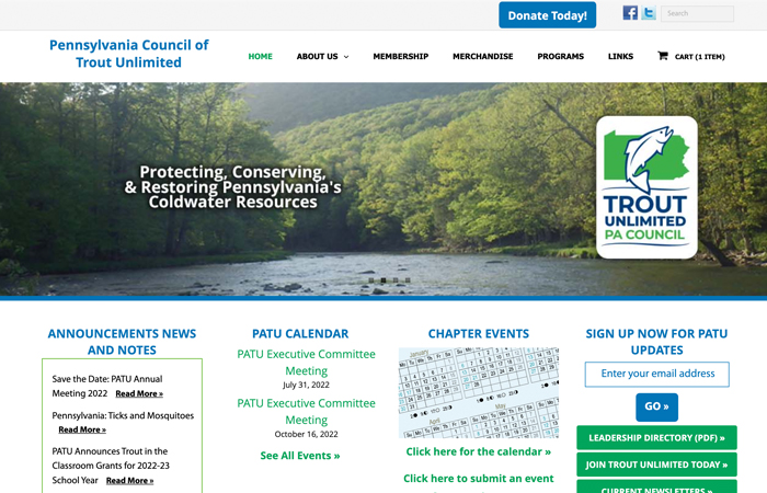 Screen shot of the Pennsylvania Council of Trout Unlimited website